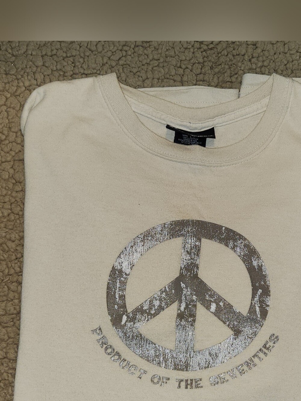 No Boundaries Cream Short Sleeve Tee with Distressed Brown Peace Graphic